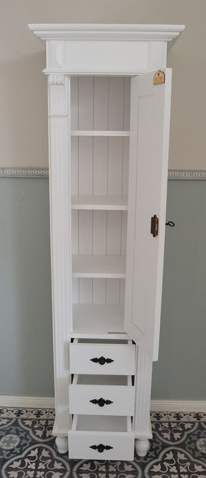 Marillé - Small tall cabinet in Wilhelminian style, country house furniture solid wood white