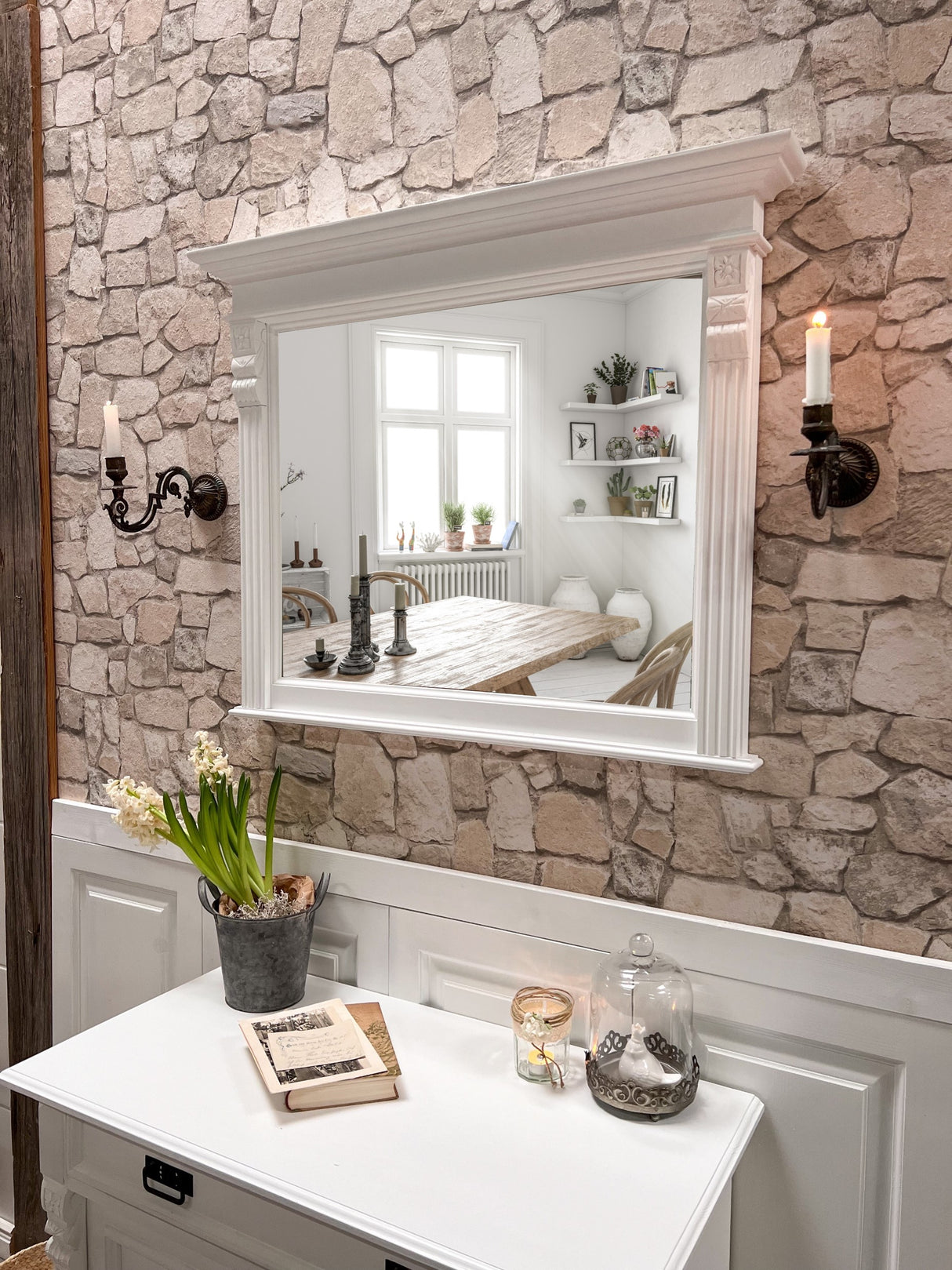 "Rail L" - wooden wall mirror in country house style, white